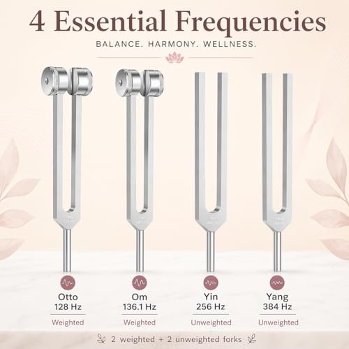 Tuning Forks for Healing Set, 128Hz 136.1Hz OM 256Hz 384Hz, Aluminum Alloy Sound Therapy Kit for Meditation, Yoga, Chakra Balancing and Reiki, Includes Mallet, Activator and Pouch
