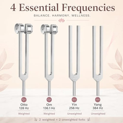 Tuning Forks for Healing Set, 128Hz 136.1Hz OM 256Hz 384Hz, Aluminum Alloy Sound Therapy Kit for Meditation, Yoga, Chakra Balancing and Reiki, Includes Mallet, Activator and Pouch