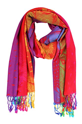 PASKMLNA Double Side Multi Colors Silky Tropical Colorful Exotic Pashmina Wrap Shawl Scarf Rave - color: 050-red Multi Feathers