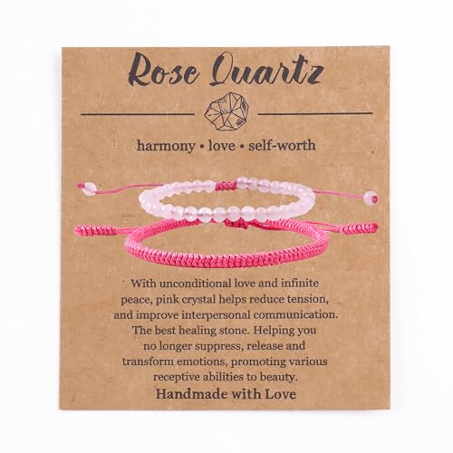Natural Stone Healing Bracelet Tibetan Braided Style with Adjustable Rope String & Protective Energy Jewelry Gift for Womens & Men - color: Rose Quartz - Pink