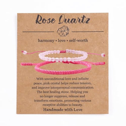 Natural Stone Healing Bracelet Tibetan Braided Style with Adjustable Rope String & Protective Energy Jewelry Gift for Womens & Men - color: Rose Quartz - Pink
