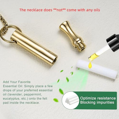 Breathing Necklace for Calm & Focus - Personal Essential Oil Diffuser for Anxiety Relief, Quit Smoking, Yoga and Meditation - Reusable Stainless Steel Pendant for Women Men - color: Gold