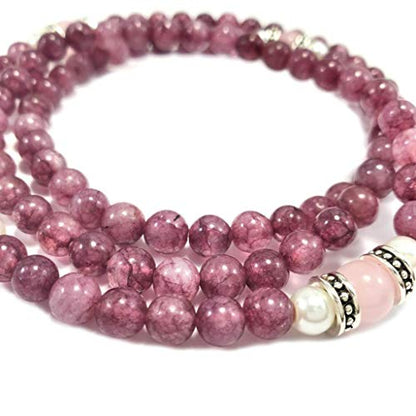 108‑Bead Mala Necklace – Natural Stones Lepidolite, Rose Quartz & South Sea Pearl with Silver Lotus Charm – Handmade 6mm/8mm Beaded Meditation Necklace or Wrap Bracelet – USA Artisan Jewelry