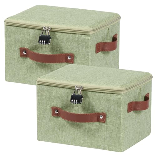 2PCS Storage Bins Box with Zipper Lid Combination Lock PU Leather Handles Cotton Linen Fabric Lidded Lockable Basket Foldable Washable Closet Shelf Organizer Container (Light Green, Small) - color: Light Green, size: Small ( Set of 2 )