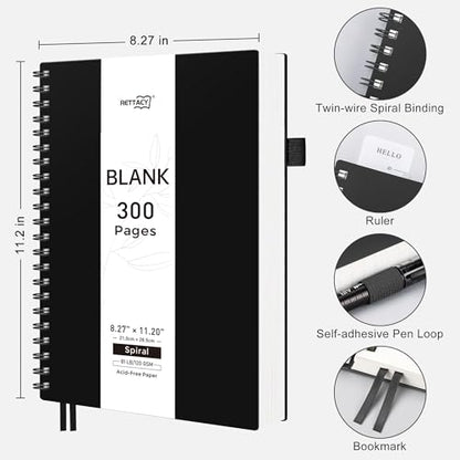 RETTACY Blank Journal Notebook, 300 Pages, A4 Large Size (8.2'' x 11.2''), 120 GSM Thick Paper, Flexible Plastic Cover, Spiral-bound, for Sketching, Drawing, Painting (Black) - color: Black