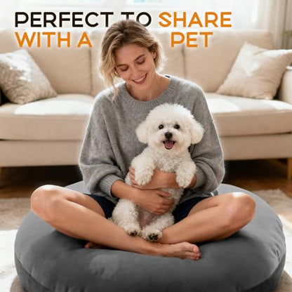 32 Inch Round Floor Pillow, Large Thick Meditation Cushion for Adults with Velvet Cover, Supportive Floor Seating for Yoga Lounge Living Room, 13 Inch Thick Padding, Grey