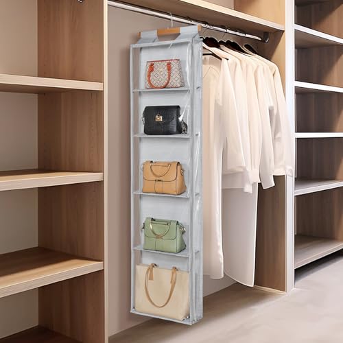 Hanging Handbag Purse Organizer with Zippers, 5 Mesh Shelves,Clear Slubbed Fabric+PVC Hanging Closet Bag Organizer, Dustproof Handbag Closet Tote Storage Bag for Door, Wardrobe, Shelf Rack