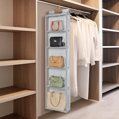 Hanging Handbag Purse Organizer with Zippers, 5 Mesh Shelves,Clear Slubbed Fabric+PVC Hanging Closet Bag Organizer, Dustproof Handbag Closet Tote Storage Bag for Door, Wardrobe, Shelf Rack
