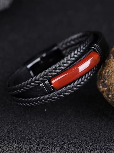 Mens Black Leather Obsidian/Turquoise/Tiger Eye/Red Agate Bracelet–Braided Multi‑Layer Wristband Cuff Bangle Bracelet with Stainless Steel Clasp Gift Jewelry Box Included - color: Red Agate, size: 8.3in(Fits most wrists)