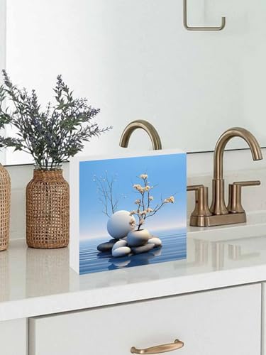 Wood Box Sign Desk Decor, Lake Stone Overlay with Vases Zen Buddhism Decorative Wooden Block Box Sign Decorations for Home Office Shelf Table Decor 6x6 Inches