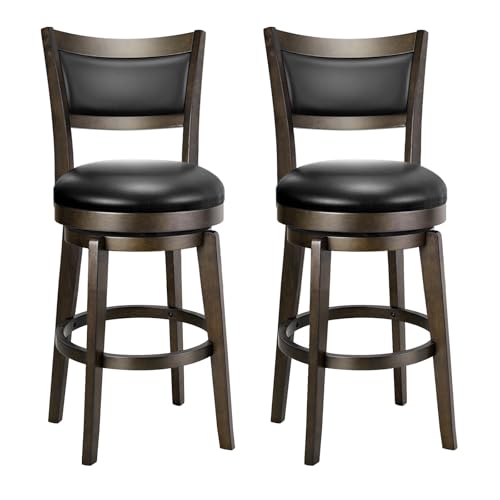 PrimeZone Swivel Bar Stools Set of 2, 24 Inch Counter Height Barstools, Black Faux Leather Bar Stool with High Backrest & Solid Wood Legs & Wrap-around Footrest, Counter Stools for Kitchen Island, Pub - size: 24" Counter Height