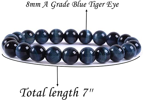 Angelstones Handmade Natural Healing Gemstone 8mm Round Beads Stretch Crystal Bracelet 7 Inch Unisex - color: Blue Tiger Eye