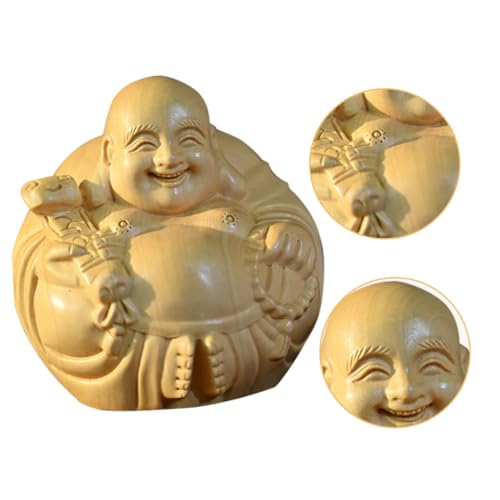 Hand-Carved Maitreya Buddha Wooden Decoration Small Desktop Ornament Unique Boxwood Sculpture for Home Zen and Spiritual Table Adornment Stable Flat Bottom Design