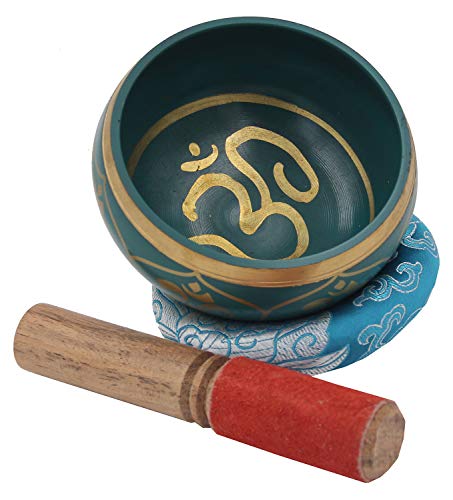 DharmaObjects Relaxing Yoga Meditation Om Peace Singing Bowl/Silk Cushion/Rosewood Mallet Set (Medium, Turquoise) - color: Turquoise, size: Medium