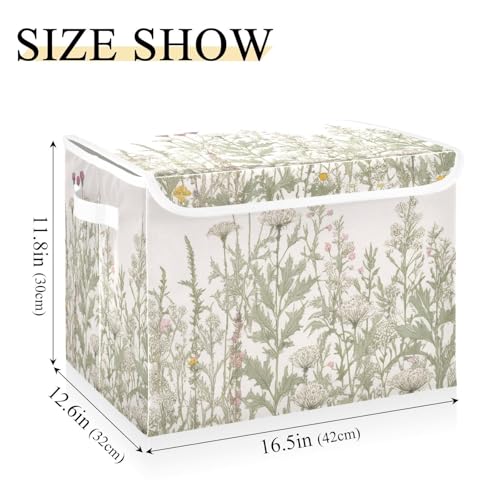 Kigai Collapsible Herbal Wildflowers Storage Basket with Lids and Handles,Storage Bins for Shelves Closet Bedroom,Office Storage