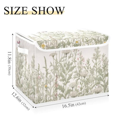 Kigai Collapsible Herbal Wildflowers Storage Basket with Lids and Handles,Storage Bins for Shelves Closet Bedroom,Office Storage