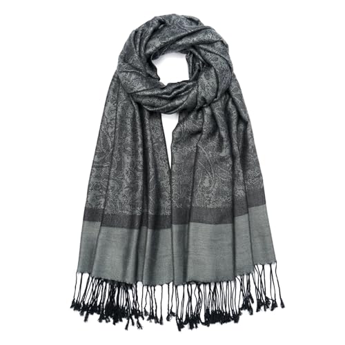 QIUTIMIY Paisley Pashmina Shawl Wrap Women Reversible Vintage Jacquard Pashmina Rave Scarf with Fringe for Evening, Wedding - color: Flower3-dark Grey