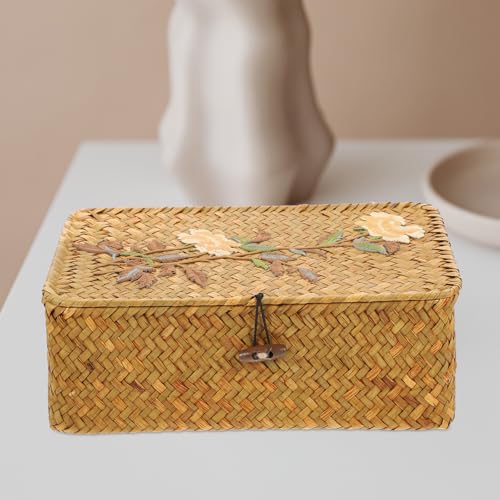 Woven Storage Box with Embroidery Pattern, Rectangular Medium-sized Sundries Organizer, Portable Straw Jewelry and Desktop Storage Case with Lid for Home and Office