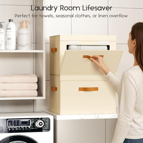 Large Storage Bins with Lids - Front Opening Fabric Storage Bins, Flap Closet Organizer with Handles, Collapsible Boxes with Lid, Decorative Basket for Home, Dorm, 2 Pack, Beige