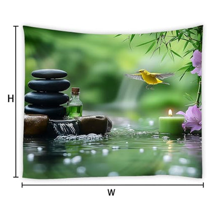 YSSFAV Japanese Garden Tapestry Zen Stone Bird Asian Spa Candle Green Meditation Wall Hanging Bedroom Living Room Dorm Decor,40" W x 30" H - size: 40"W X 30"H