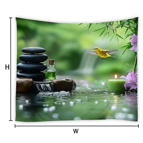 YSSFAV Japanese Garden Tapestry Zen Stone Bird Asian Spa Candle Green Meditation Wall Hanging Bedroom Living Room Dorm Decor,48" W x 36" H - size: 48"W X 36"H