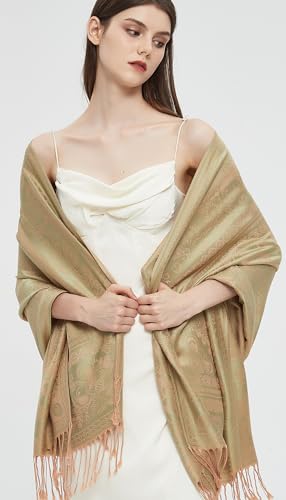 Pashmina Shawl Wrap with Ethnic Paisley Two Tone Jacquard Scarf for Women - color: Light Green