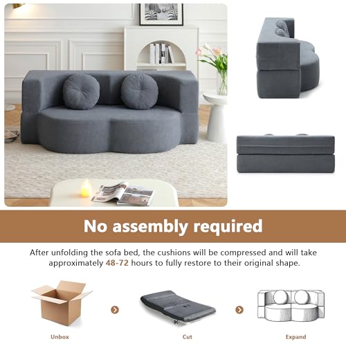 2-in-1 Folding Sofa Bed with Pillow, No Assembly Futon Twin Size Sofa Bed, Breathable Linen-Cotton Convertible Couch Bed for Living Room and Guest Room, 75.5 Inch,Grey - color: Grey-75.55", size: 2 seat