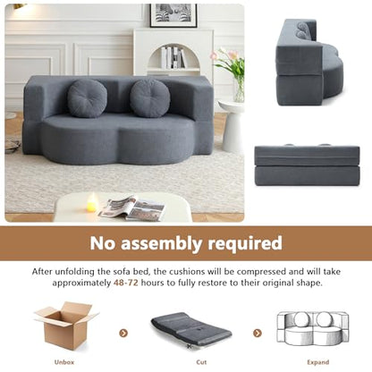 2-in-1 Folding Sofa Bed with Pillow, No Assembly Futon Twin Size Sofa Bed, Breathable Linen-Cotton Convertible Couch Bed for Living Room and Guest Room, 75.5 Inch,Grey - color: Grey-75.55", size: 2 seat
