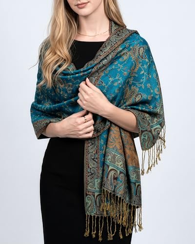 Achillea Reversible Paisley Pashmina Rave Scarf – Exotic Indian Shawls and Wraps for Evening Dresses, Festivals, All Seasons - color: Teal