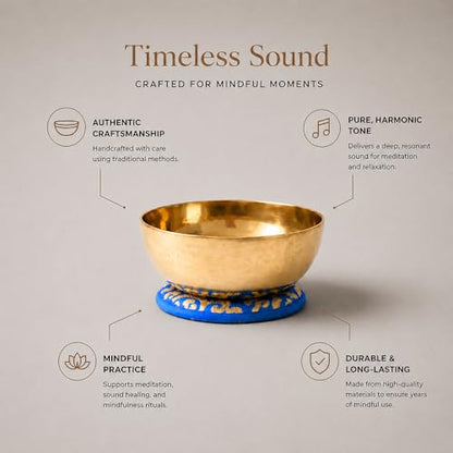 Tibetan Singing Bowl – Handcrafted Bronze Himalayan Bowl with Silk Cushion & Mallet | Made in Nepal (Serenity Cushion (Blue), Large (10 inches) - color: Serenity Cushion (Blue), size: Large (10 inches)