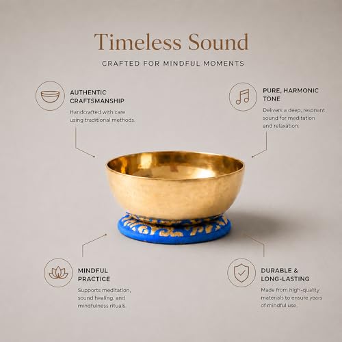 Tibetan Singing Bowl – Handcrafted Bronze Himalayan Bowl with Silk Cushion & Mallet | Made in Nepal (Serenity Cushion (Blue), Medium (7 inches) - color: Serenity Cushion (Blue), size: Medium (7 inches)