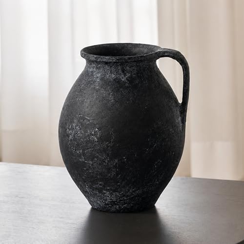 LB2 Black Ceramic Large Vase, 11.2" Tall Zen Style Vase, Terra Cotta Pitcher, Distressed Farmhouse Decor, Pottery Decorative Flower for Home Decor (D - Black 11.2") - color: D - Black 11.2"