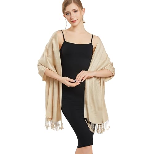 Silky Paisley Pashmina Shawl Scarf-Women's Soft Double-side Jacquard Pashminas Wrap for Evening Dress Travel Shawl - color: A-champagne Gold