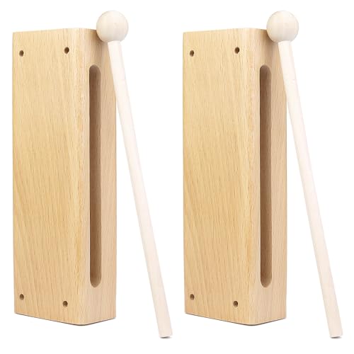 QWORK Wood Percussion Instrument Set - 2 Pack Wooden Sound Blocks with Mallets, for Concerts, Recordings & Community Bands