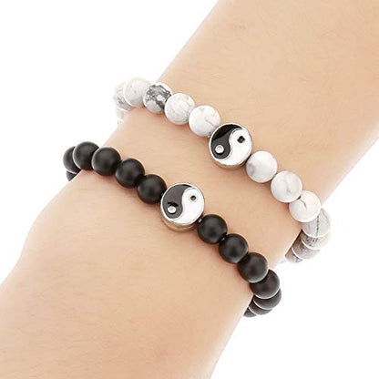 Fashion Men Women Taiji Yin Yang Feng Shui Charm Bracelet Natural White Turquoise and Black Beaded Couple Bracelets Friendship Distance Bracelet Jewelry - color: Couple