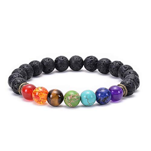 GelConnie Lava Rock Chakra Bracelet 7 Chakra 8mm Natural Stone Healing Bracelet Stress Relief Yoga Beads Anxiety Bracelet Aromatherapy Essential Oil Diffuser Bracelet Bangle - color: A-Volcanic Stone