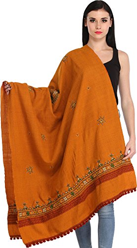 Exotic India Women's Pure Wool Shawl from Kutch with Central Embroidered Chakra and Mirrors Ethnic Design Stole, Scarves