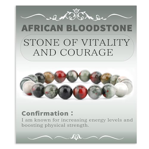 Bymitel Handmade Reiki Gemstone Stretch Bracelet, 4/6/8mm Natural Beauty & Spiritual Essence, Crystal Healing for Unisex Adults - color: African Bloodstone（ Stone of Vitality and Courage ）, size: 8mm