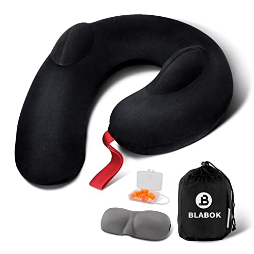 Patented Design Inflatable Travel Neck Pillow – Airplane Neck Pillow with 360° Head & Neck Support, Soft Washable Velvet Cover, Compact Neck Support Pillow for Airplane,Train,Car,Office & Home (Black) - color: Black