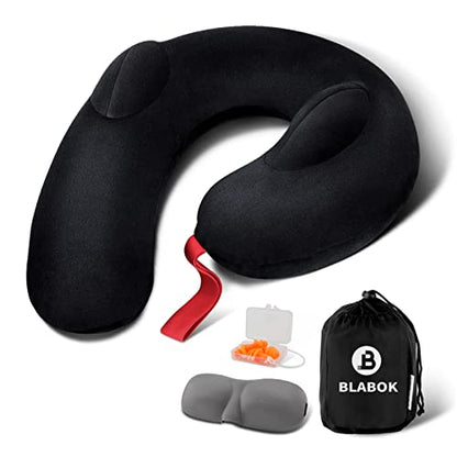 Patented Design Inflatable Travel Neck Pillow – Airplane Neck Pillow with 360° Head & Neck Support, Soft Washable Velvet Cover, Compact Neck Support Pillow for Airplane,Train,Car,Office & Home (Black) - color: Black