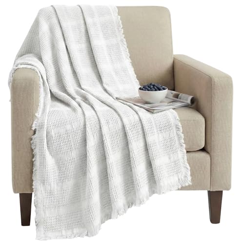 Mira Waffle Throw Blanket with Tassels - 50x66 Inch - 100% Turkish Cotton Tencel Breathable Blend Lightweight Blanket for Couch, Sofa, Bed - color: Cream