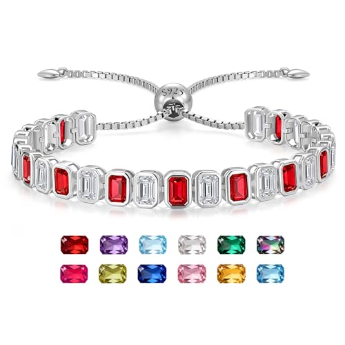 Birthstone Bracelets for Women, Sterling Silver Tennis Bracelets Emerald Cut Bezel Set with Adjustable Chain, Elegant Anniversary, Birthday or Valentine's Day Gift - color: 01-Jan-Garnet