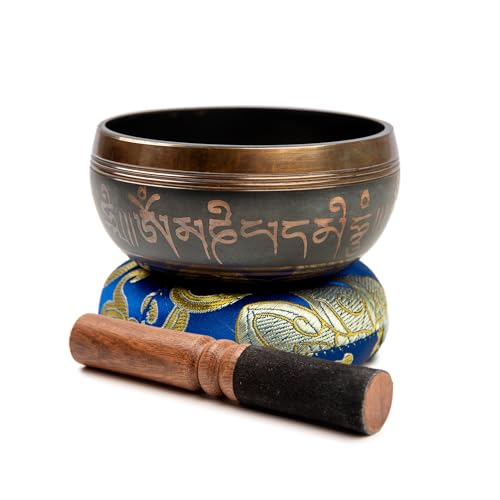 Tibetan Singing Bowl Set Brass - Master Healing Grade - Authentic Handcrafted Sound Bowl by Himalayan Bazaar - color: Dark Brown