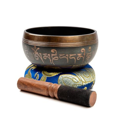 Tibetan Singing Bowl Set Brass - Master Healing Grade - Authentic Handcrafted Sound Bowl by Himalayan Bazaar - color: Dark Brown
