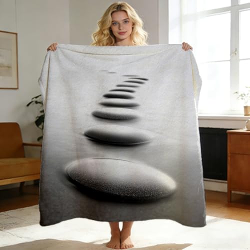 Zen Stone Print Throw Blanket Minimalist Japanese Rock Design Super Soft Warm Cozy Flannel Blanket for Couch Bedroom Office Meditation Yoga Spa Decor 49"x59" - color: Black, size: 49in x 59in