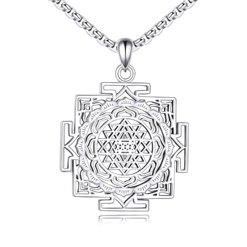 YFN Sri Yantra Necklace Sterling Silver Sacred Geometry Pendant Lotus Yoga Jewelry Gifts for Women Men