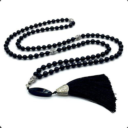 Mala Prayer Beads - Mala Necklace - Tibetan Mala Prayer Beads Meditation Beads Yoga Necklace - color: NATURAL BLACK AGATE STONE - 8MM - 108 BEADS