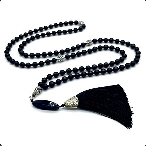 Mala Prayer Beads - Mala Necklace - Tibetan Mala Prayer Beads Meditation Beads Yoga Necklace - color: NATURAL BLACK AGATE STONE - 8MM - 108 BEADS