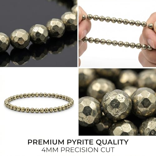 Angelstones Natural Gemstone Small Beaded Stretch Bracelet, 4mm Faceted Round Beads, Crystal Healing Bracelet for Women - color: Pyrite