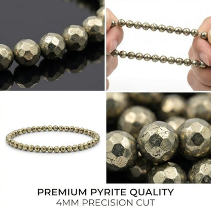 Angelstones Natural Gemstone Small Beaded Stretch Bracelet, 4mm Faceted Round Beads, Crystal Healing Bracelet for Women - color: Pyrite